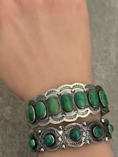 Old Vintage FRED HARVEY ERA Navajo SEVEN Turquoise ROW Sterling Bracelet 6.75 in - Additional view 1