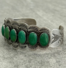 Old Vintage FRED HARVEY ERA Navajo SEVEN Turquoise ROW Sterling Bracelet 6.75 in - Additional view 2