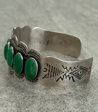 Old Vintage FRED HARVEY ERA Navajo SEVEN Turquoise ROW Sterling Bracelet 6.75 in - Additional view 6