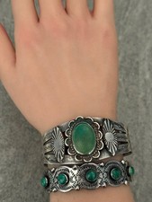 Old VTG FRED HARVEY ERA HAND STAMPED NAVAJO Turquoise Silver Bracelet 37g 7 in - Additional view 1