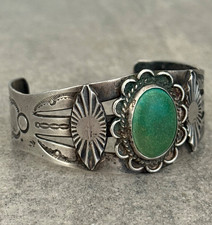Old VTG FRED HARVEY ERA HAND STAMPED NAVAJO Turquoise Silver Bracelet 37g 7 in - Additional view 2
