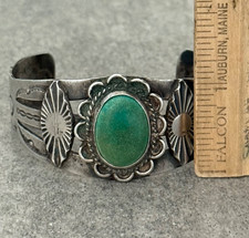 Old VTG FRED HARVEY ERA HAND STAMPED NAVAJO Turquoise Silver Bracelet 37g 7 in - Additional view 11