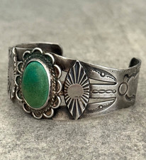Old VTG FRED HARVEY ERA HAND STAMPED NAVAJO Turquoise Silver Bracelet 37g 7 in - Additional view 3