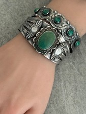 Old VTG FRED HARVEY ERA HAND STAMPED NAVAJO Turquoise Silver Bracelet 37g 7 in - Additional view 5