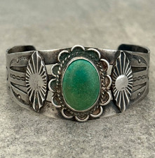 Old VTG FRED HARVEY ERA HAND STAMPED NAVAJO Turquoise Silver Bracelet 37g 7 in
