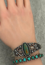 OLD FRED HARVEY WHIRLING LOG THUNDERBIRDS Navajo Turquoise Sterling Bracelet 7in - Additional view 1