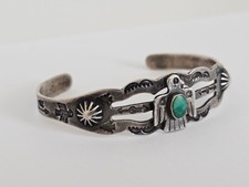Fred Harvey Era Sterling Silver Turquoise Stamped Details Thunderbird Bracelet - Additional view 1