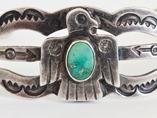 Fred Harvey Era Sterling Silver Turquoise Stamped Details Thunderbird Bracelet - Additional view 2