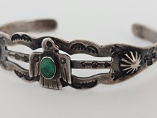 Fred Harvey Era Sterling Silver Turquoise Stamped Details Thunderbird Bracelet - Additional view 3