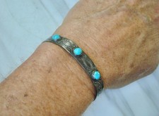 Vtg Navajo 3-STONE TURQUOISE Stamped Sterling SILVER BRACELET Fred Harvey Era - Additional view 2