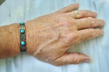 Vtg Navajo 3-STONE TURQUOISE Stamped Sterling SILVER BRACELET Fred Harvey Era - Additional view 13