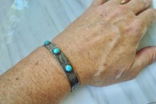 Vtg Navajo 3-STONE TURQUOISE Stamped Sterling SILVER BRACELET Fred Harvey Era - Additional view 4