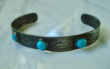 Vtg Navajo 3-STONE TURQUOISE Stamped Sterling SILVER BRACELET Fred Harvey Era - Additional view 5