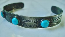 Vtg Navajo 3-STONE TURQUOISE Stamped Sterling SILVER BRACELET Fred Harvey Era - Additional view 6
