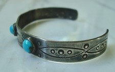 Vtg Navajo 3-STONE TURQUOISE Stamped Sterling SILVER BRACELET Fred Harvey Era - Additional view 7