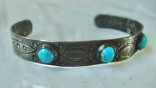 Vtg Navajo 3-STONE TURQUOISE Stamped Sterling SILVER BRACELET Fred Harvey Era - Additional view 9