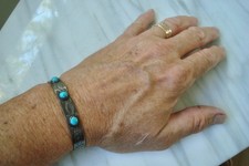 Vtg Navajo 3-STONE TURQUOISE Stamped Sterling SILVER BRACELET Fred Harvey Era