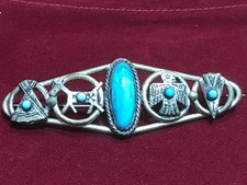 🔥HUGE Antique Fred Harvey-era Native American Cabochon Turquoise Silver Brooch - Additional view 1