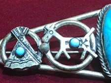 🔥HUGE Antique Fred Harvey-era Native American Cabochon Turquoise Silver Brooch - Additional view 2