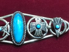 🔥HUGE Antique Fred Harvey-era Native American Cabochon Turquoise Silver Brooch - Additional view 11