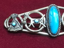 🔥HUGE Antique Fred Harvey-era Native American Cabochon Turquoise Silver Brooch - Additional view 10