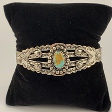 Fred Harvey Bracelet Silver Genuine Turquoise Split Shank Pretty Girl Souvenir  - Additional view 1