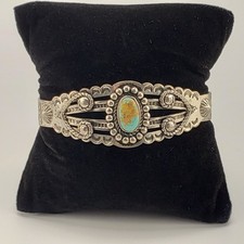 Fred Harvey Bracelet Silver Genuine Turquoise Split Shank Pretty Girl Souvenir  - Additional view 11