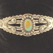 Fred Harvey Bracelet Silver Genuine Turquoise Split Shank Pretty Girl Souvenir  - Additional view 12