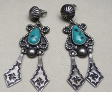 Vintage Whirling Logs Native American Navajo Sterling Silver Turquoise Earrings - Additional view 1