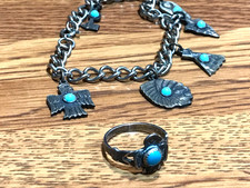 🔥HUGE Antique Fred Harvey-era Native American Cabochon Turquoise Silver Lot 50g - Additional view 1