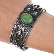 7" 1930's Navajo Fred Harvey Whirling Logs Snakes green turquoise cuff bracelet