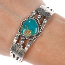 6.25" c1940's Navajo Fred Harvey thunderbird cuff bracelet with gem turquosie