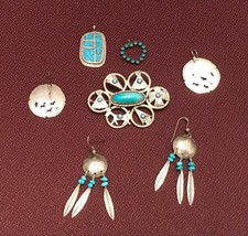🔥HUGE Antique Fred Harvey-era Native American Cabochon Turquoise 925 Silver Lot - Additional view 1