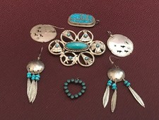 🔥HUGE Antique Fred Harvey-era Native American Cabochon Turquoise 925 Silver Lot - Additional view 10