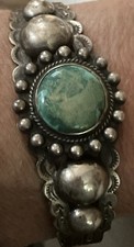 Fred Harvey Era Navajo Sterling Silver Stamped Turquoise Cuff Bracelet 27.3 Gram - Additional view 1