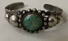 Fred Harvey Era Navajo Sterling Silver Stamped Turquoise Cuff Bracelet 27.3 Gram