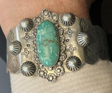 Fred Harvey Era Navajo Sterling Silver Stamped Turquoise Cuff Bracelet 38.8 Gram - Additional view 1