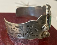 Fred Harvey Era Navajo Sterling Silver Stamped Turquoise Cuff Bracelet 38.8 Gram - Additional view 2