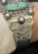 Fred Harvey Era Navajo Sterling Silver Stamped Turquoise Cuff Bracelet 38.8 Gram - Additional view 7