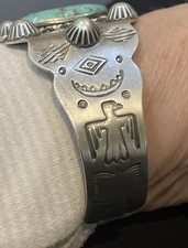 Fred Harvey Era Navajo Sterling Silver Stamped Turquoise Cuff Bracelet 38.8 Gram - Additional view 8