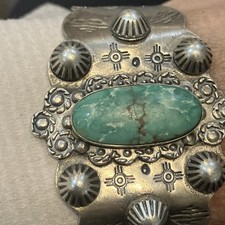 Fred Harvey Era Navajo Sterling Silver Stamped Turquoise Cuff Bracelet 38.8 Gram - Additional view 9