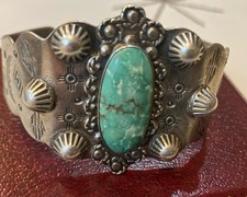 Fred Harvey Era Navajo Sterling Silver Stamped Turquoise Cuff Bracelet 38.8 Gram