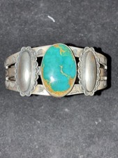 Vintage Fred Harvey Era Native American Sterling & Turquoise Cuff Bracelet, RARE - Additional view 1