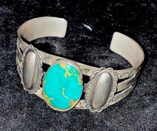 Vintage Fred Harvey Era Native American Sterling & Turquoise Cuff Bracelet, RARE