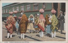 Pueblo Indians Selling Pottery To Train Passengers Fred Harvey postcard LP4