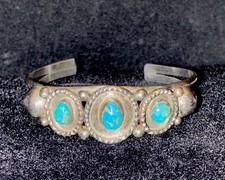 Antique Fred Harvey Era Native American Sterling & Turquoise Cuff Bracelet, RARE - Additional view 4