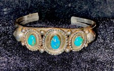 Antique Fred Harvey Era Native American Sterling & Turquoise Cuff Bracelet, RARE