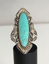 VTG Signed Navajo Sterling Silver Turquoise Sz 9 Fred Harvey Era Statement Ring - Additional view 4