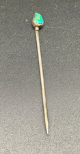 Rare Fred Harvey–Era Sterling Turquoise Stick Pin 3″ Green Cabochon Southwest