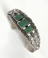 VTG Fred Harvey Era Sterling Silver Green Turquoise Small Cuff Bracelet Size 6 - Additional view 1